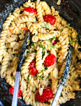 Slow Cooker Chicken Pesto Pasta with Tongs