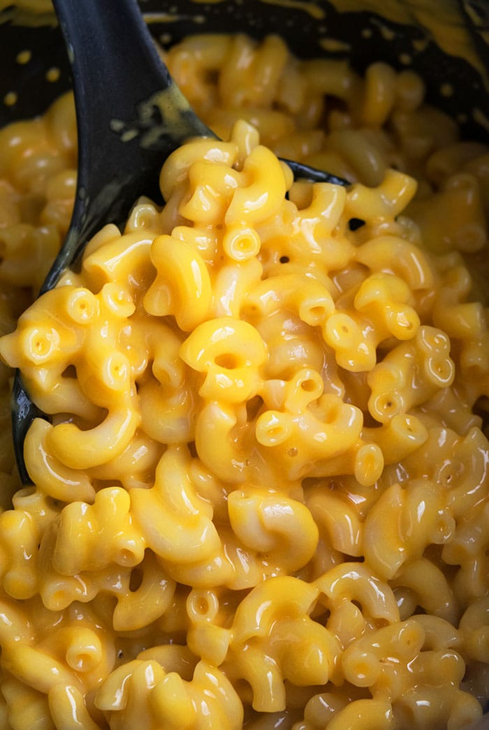 Spoonful of Mac and Cheese in Black Slow Cooker (Closeup Shot)