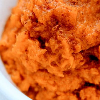 Easy Homemade Mashed Sweet Potatoes in White Slow Cooker