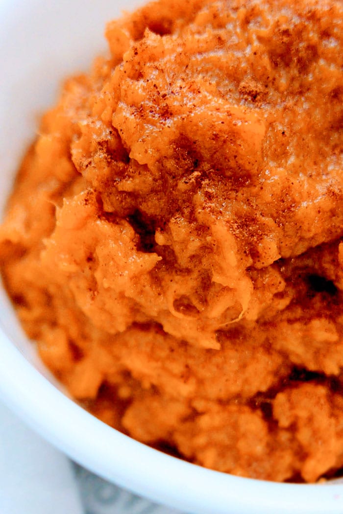 Thanksgiving Mashed Sweet Potatoes in White Slow Cooker