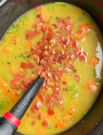 Homemade Green Split Pea Soup with Bacon in Black Crockpot