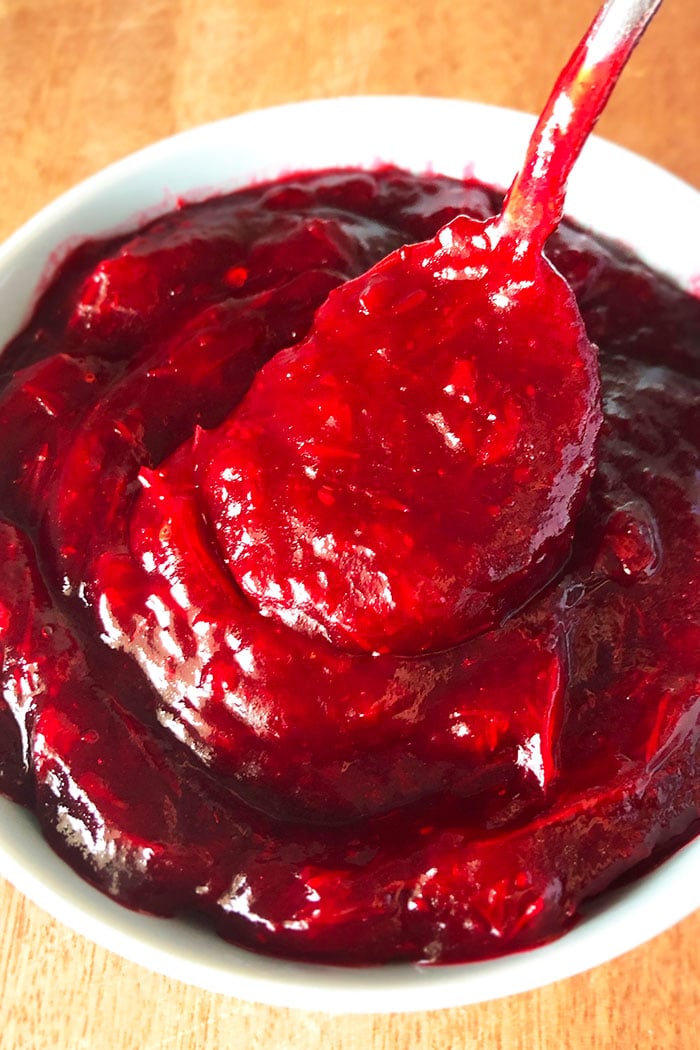 Closeup Shot of Spoonful of Slow Cooker Cranberry Orange Sauce in White Bowl