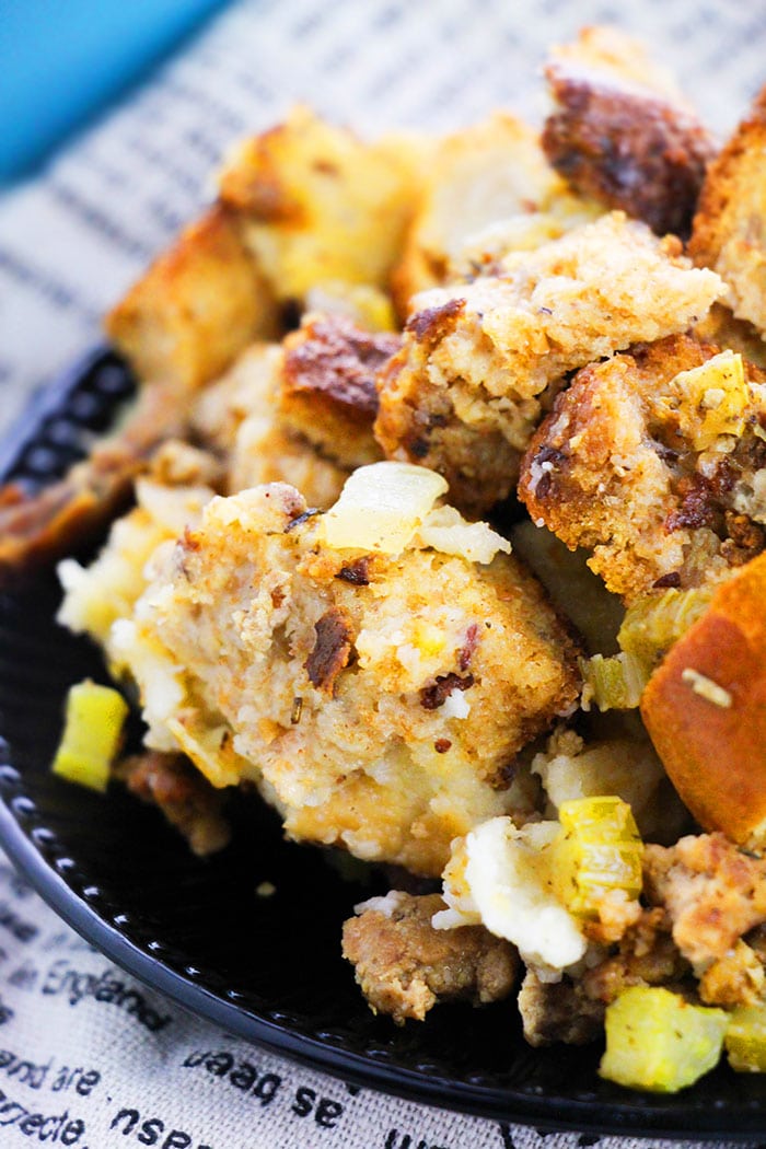Best Homemade Sausage Stuffing in Black Plate- Closeup Shot