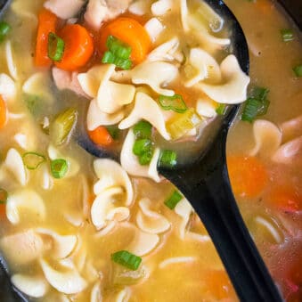 Easy Homemade Chicken Noodle Soup in Black Slow Cooker