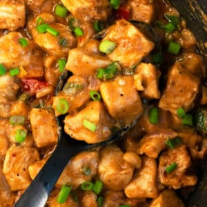 Black Spoon Full of Slow Cooker Thai Peanut Chicken- Overhead Shot.
