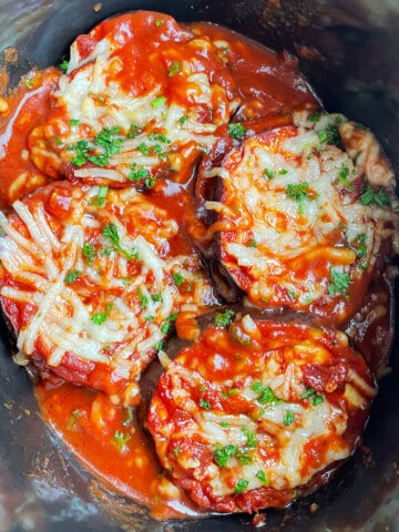 Easy Eggplant Lasagna in Black Slow Cooker- Overhead Shot