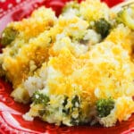 Easy Slow Cooker Chicken Broccoli Casserole Served in Red Plate