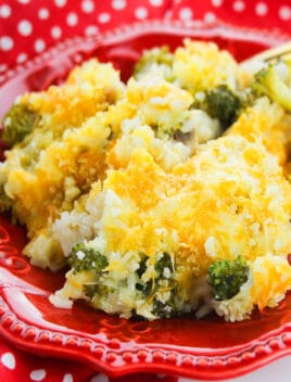 Easy Slow Cooker Chicken Broccoli Casserole Served in Red Plate
