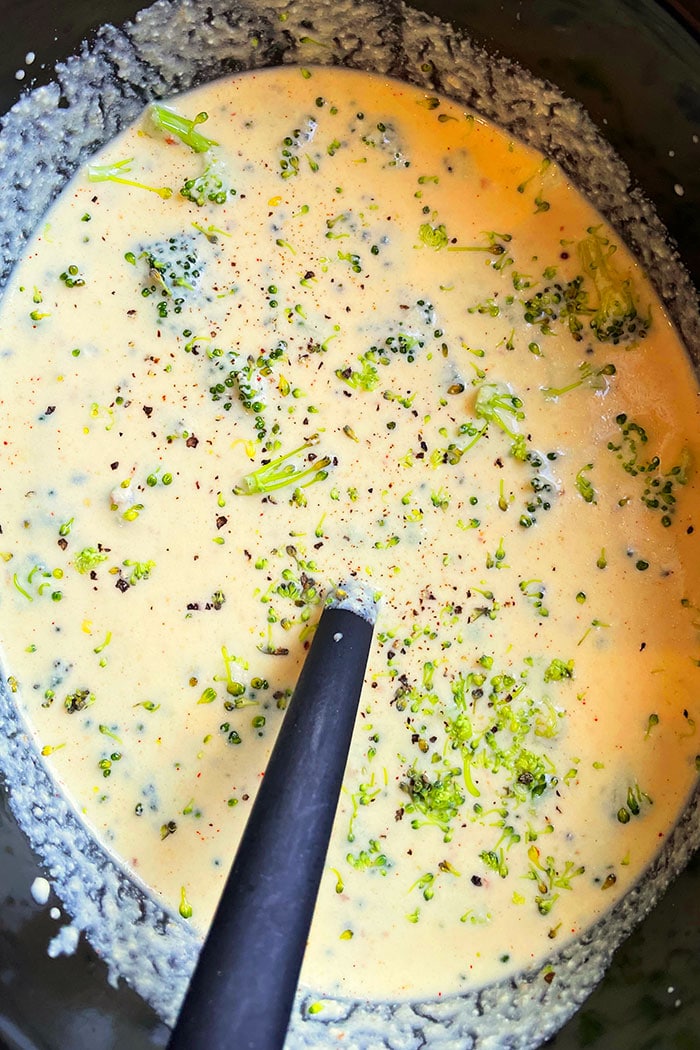 Easy Broccoli Cheddar Soup in Black Slow Cooker- Overhead Shot