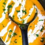 Easy Slow Cooker Butternut Squash Soup With Swirls of Heavy Cream- Overhead Shot