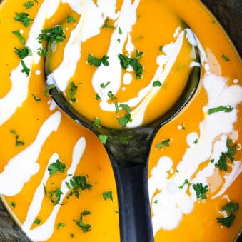 Easy Slow Cooker Butternut Squash Soup With Swirls of Heavy Cream- Overhead Shot