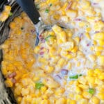 Slow Cooker Corn Dip in Black Crockpot- Overhead Shot