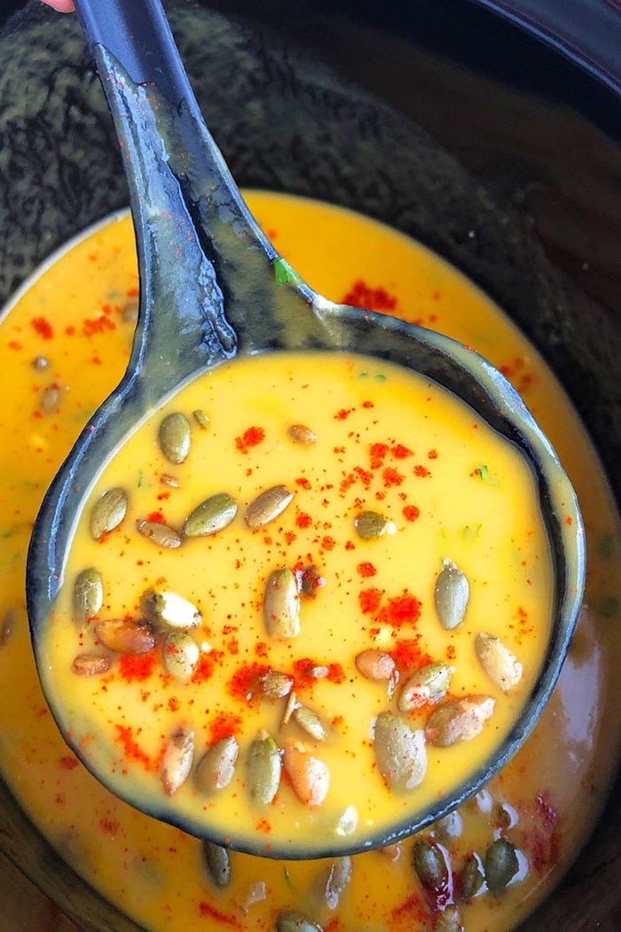 Spoonful of Best Creamy Pumpkin Soup- Closeup Shot