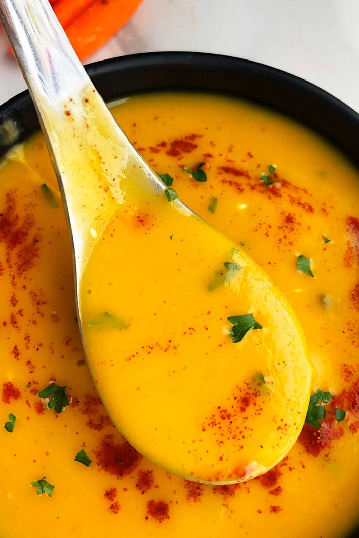 Spoonful of Carrot Ginger Soup- Closeup Shot