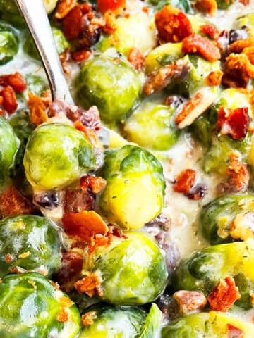 Closeup Shot of Spoonful of Easy Slow Cooker Garlic Parmesan Creamy Brussels Sprouts With Bacon