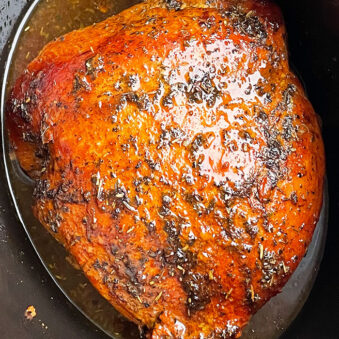 Easy Slow Cooker Turkey Breast With Garlic Herb Butter and Crispy Skin- Overhead Shot