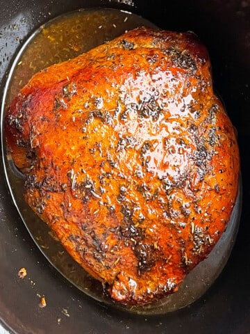 Easy Slow Cooker Turkey Breast With Garlic Herb Butter and Crispy Skin- Overhead Shot