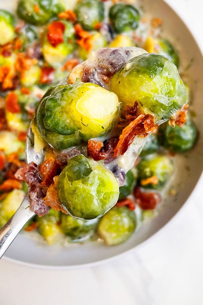 Spoonful of Garlic Parmesan Brussels Sprouts- Closeup Shot