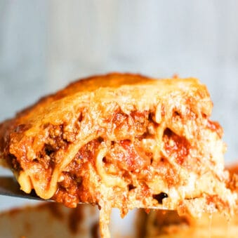Slice of Slow Cooker Lasagna- Closeup Shot