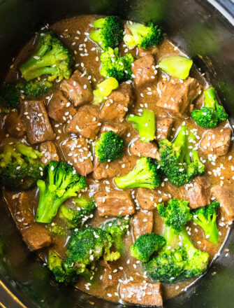 Easy Chinese Beef and Broccoli in Black Slow Cooker- Overhead Shot