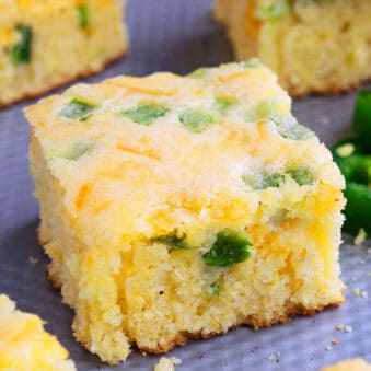 Slice of Slow Cooker Mexican Jalapeno Cornbread Served on Silver Tray