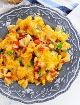 Slow Cooker Taco Pasta Served in Gray Dish