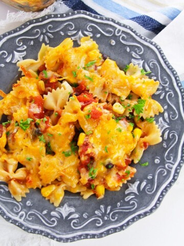 Slow Cooker Taco Pasta Served in Gray Dish