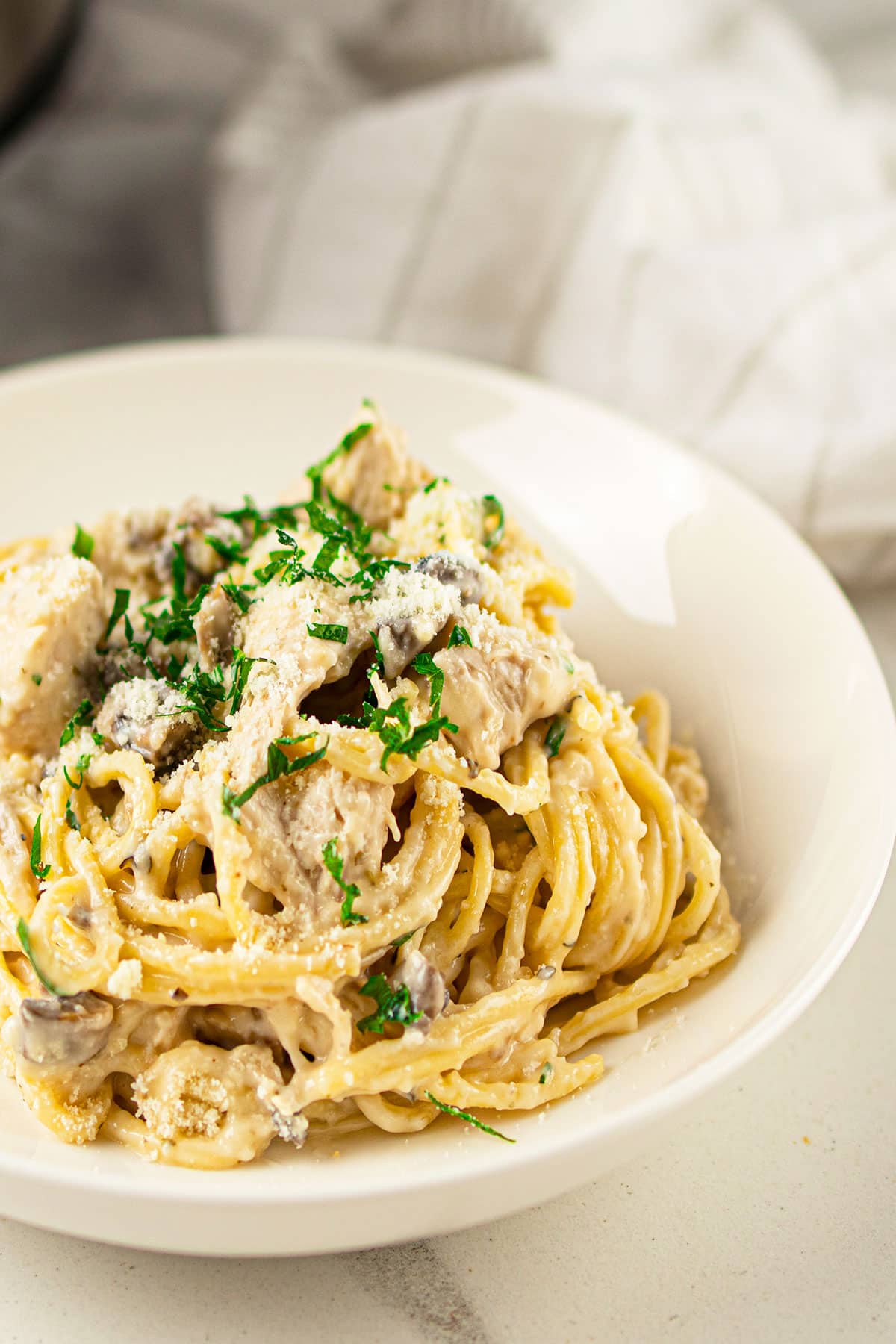 Creamy Spaghetti in White Bowl.