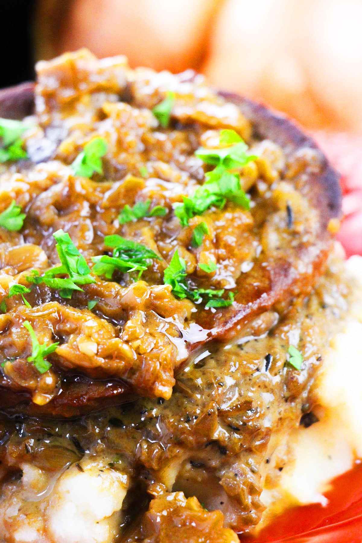 Closeup Shot of Gravy and Meat With Parsley Garnish. 