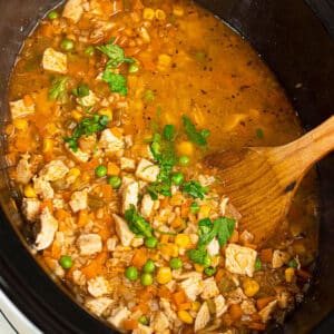 Easy Traditional Slow Cooker Chicken and Rice Soup With Woden Ladle.
