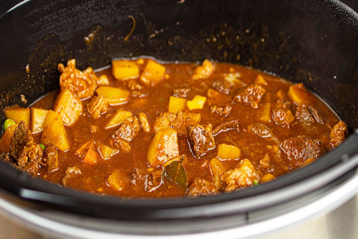 Crockpot beef burgundy- Angled shot.