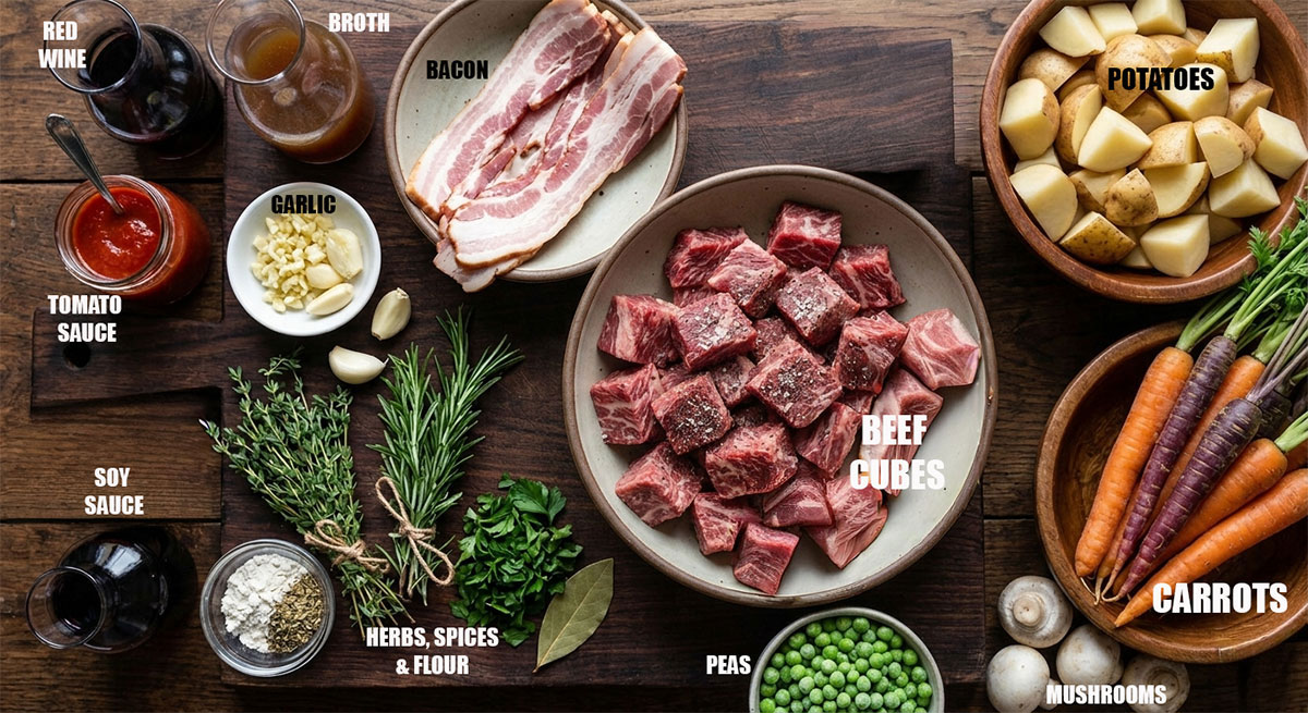 Ingredients for recipe on rustic wood background.