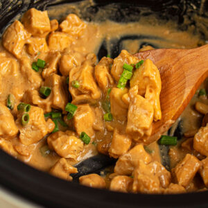 Large spoonful of creamy almond chicken in black slow cooker.