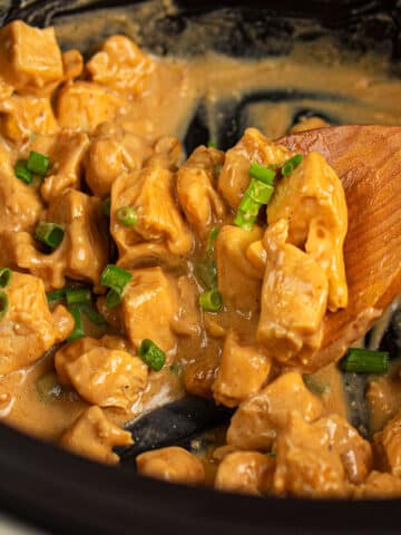Large spoonful of creamy almond chicken in black slow cooker.