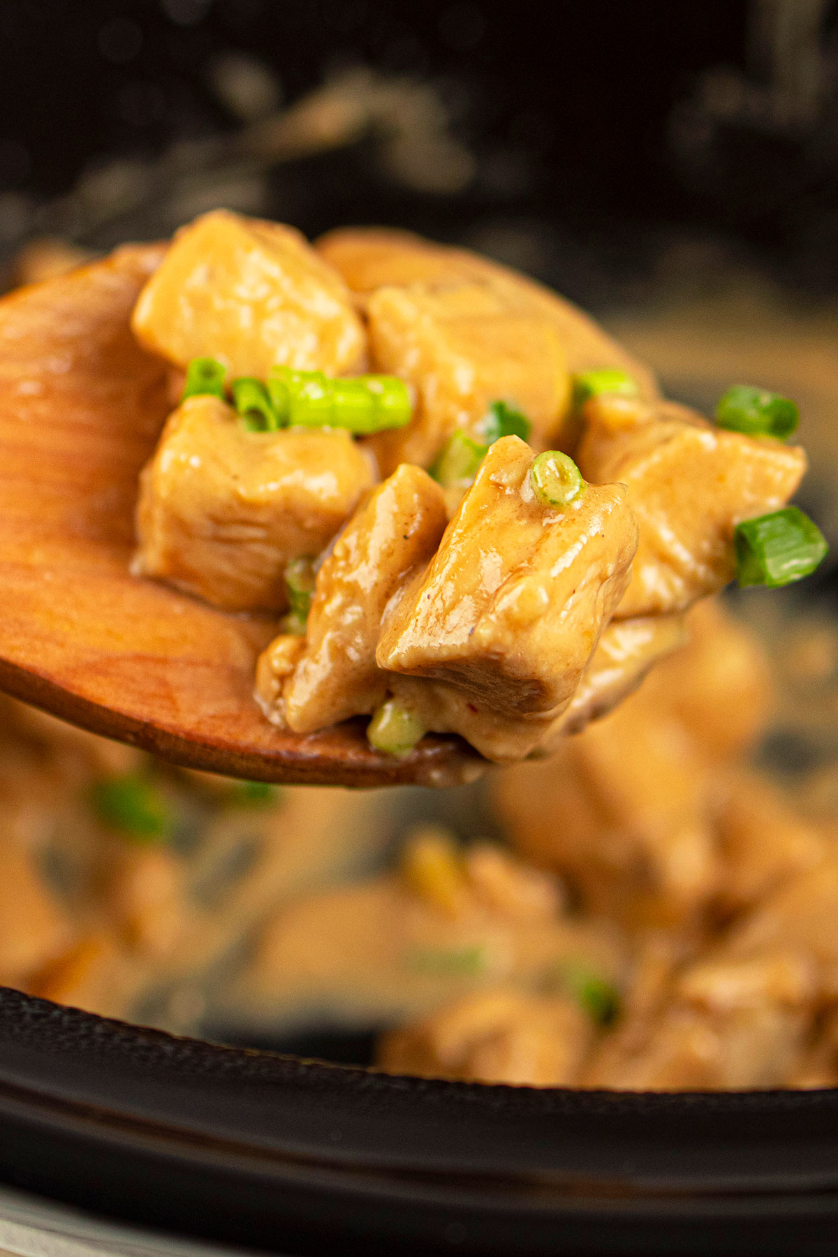 Closeup shot spoonful of chicken coated in creamy gravy.