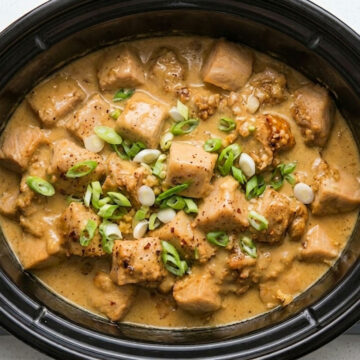 Creamy chicken topped with sliced green onions.