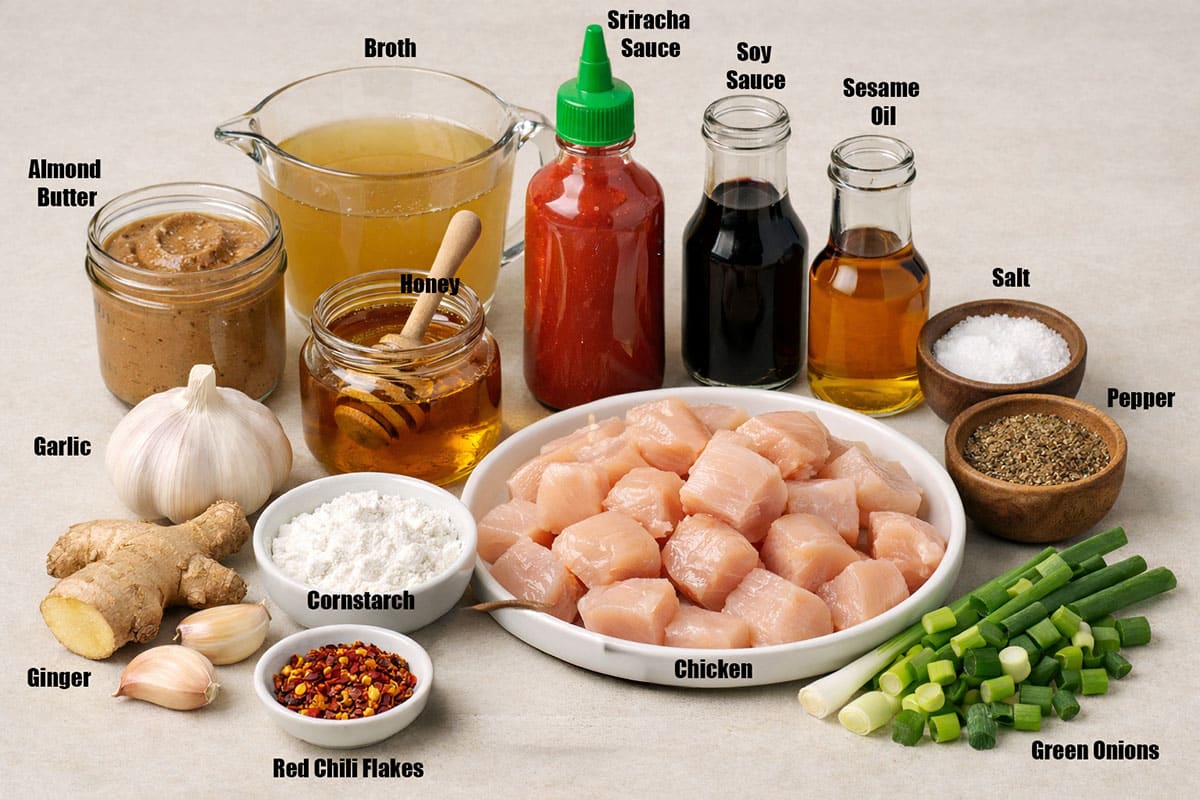 Ingredients for recipe on neutral off white background.