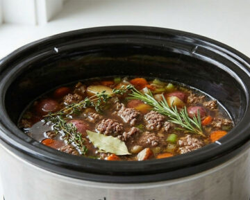 Ingredients added to black slow cooker. 