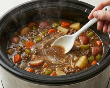Cornstarch slurry being mixed into the stew. in crockpot.  