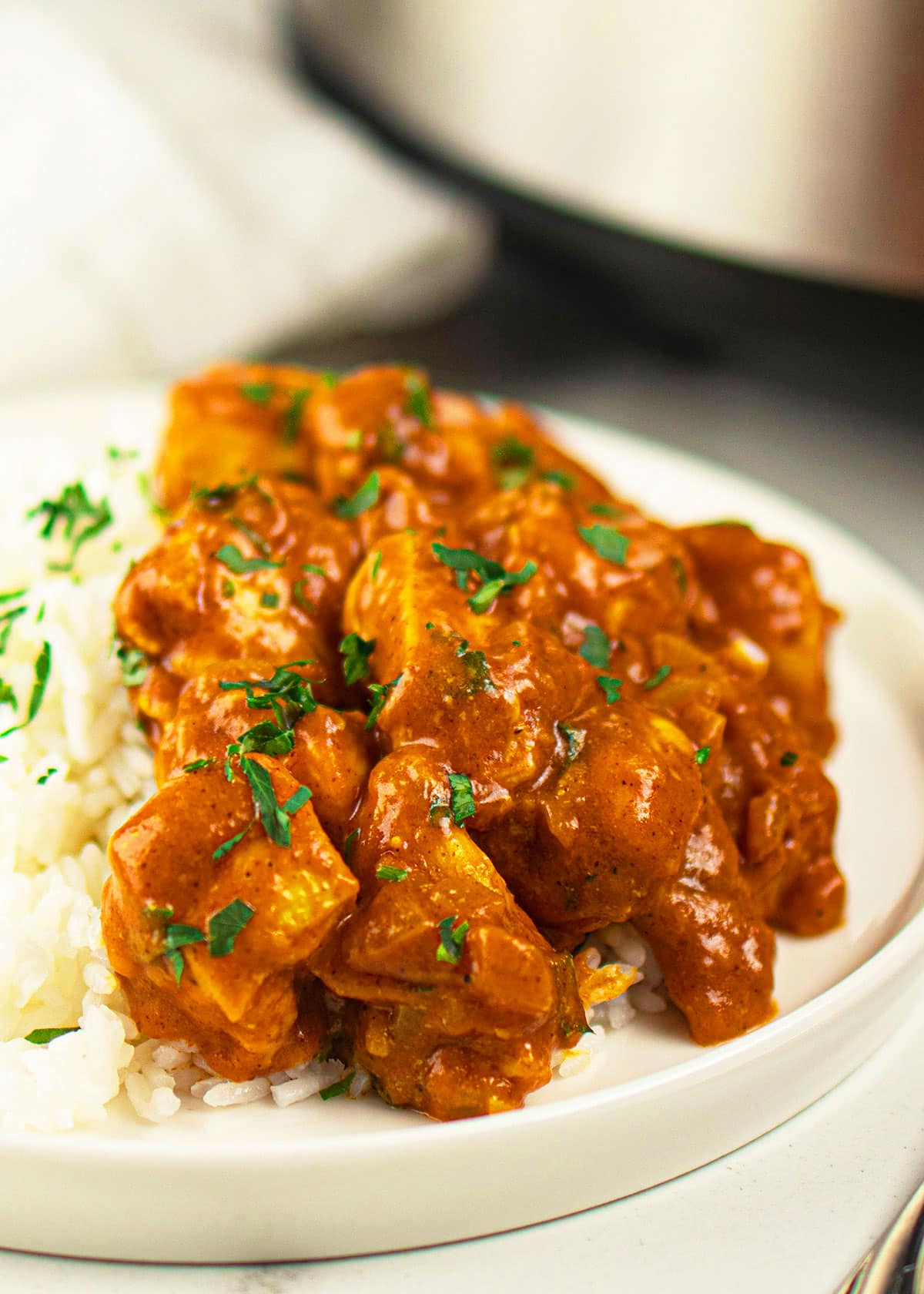 Chicken tikka masala served in a white dish with basmati rice.