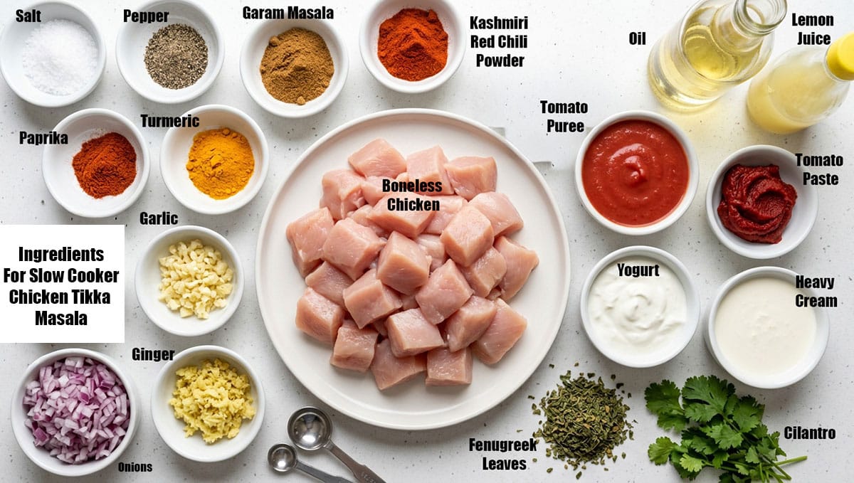 Ingredients for recipe on white marble background.